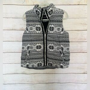 Lands’ End Women’s Black & White Fair Isle Full Zip Down Quilter Puffer Vest M